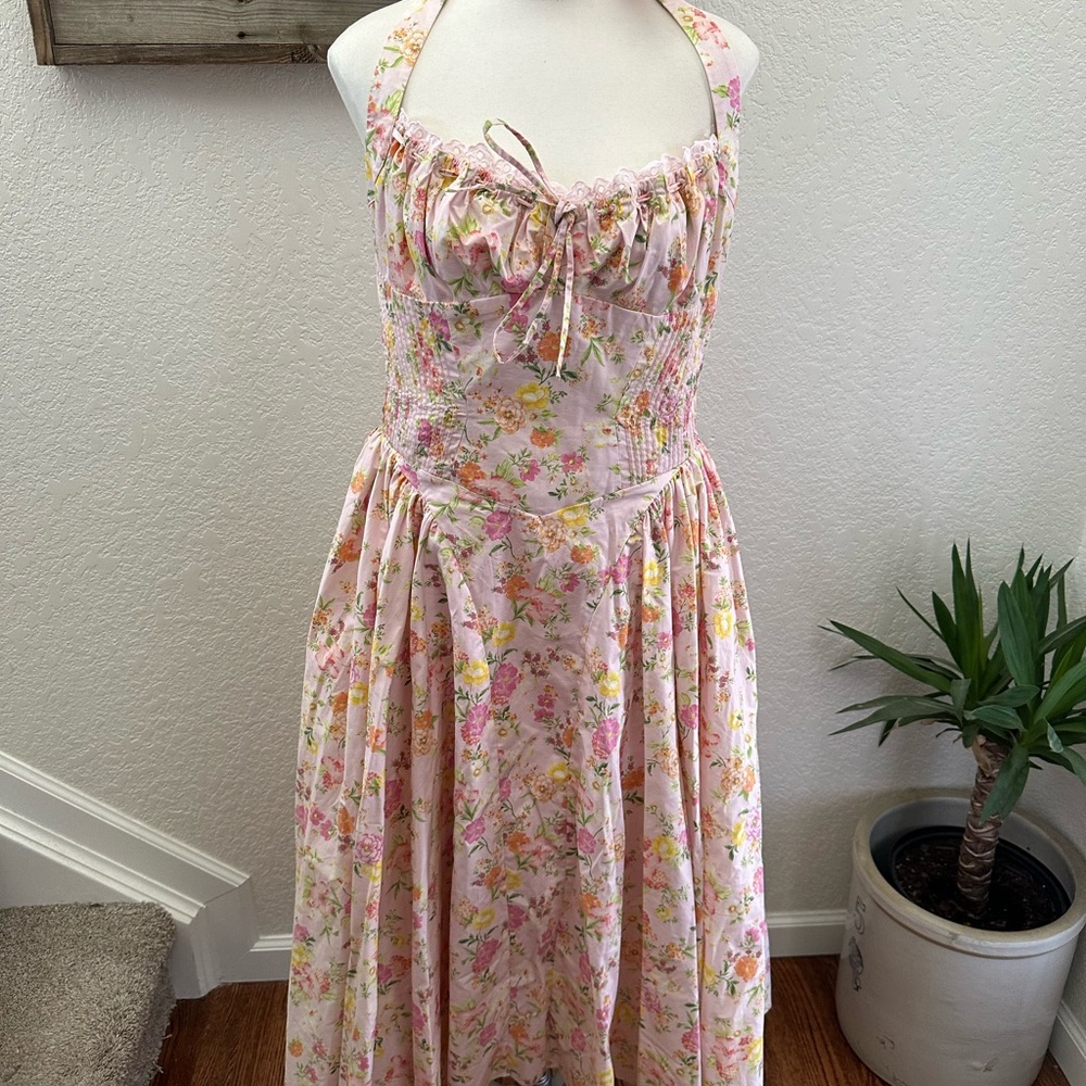 House of CB Adabella Floral Halter Dress pink cotton size Large Plus Cup NWT - Picture 2 of 9